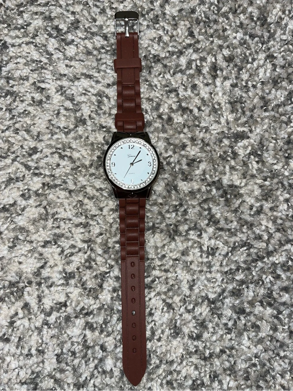 Geneva Silver Watch with Brown Strap and Crystal Accents - Picture 2 of 4
